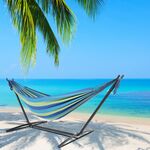 9ft Black Steel Pipe Hammock Frame with 200*150cm Polyester Cotton Hammock Coffee Strip Natural Rope Iron Hammock Set